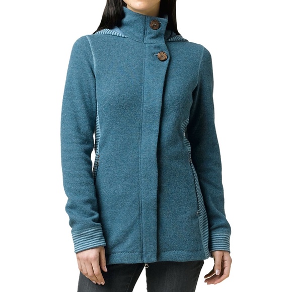 PrAna Kari Sweater / Jacket in Teal Green, Wool Blend + Fleece with Hood, Small - Picture 1 of 16